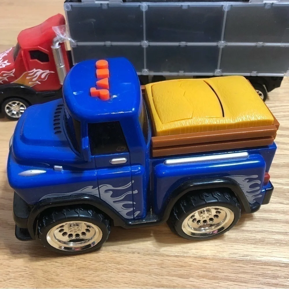 Truck Toy Bundle Cargo Car Carrier & Blue Pickup Truck Cow Pop Up Music